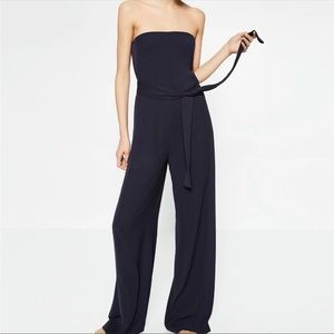 New NWT Zara blue strapless wide leg belted jumpsuit small